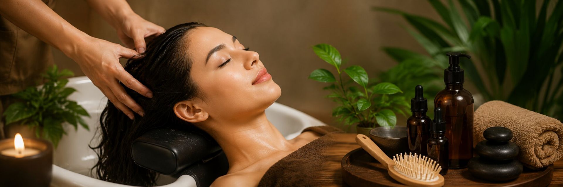 Close-up of scalp massage technique using fingertip circles to stimulate hair follicles and regulate sebum